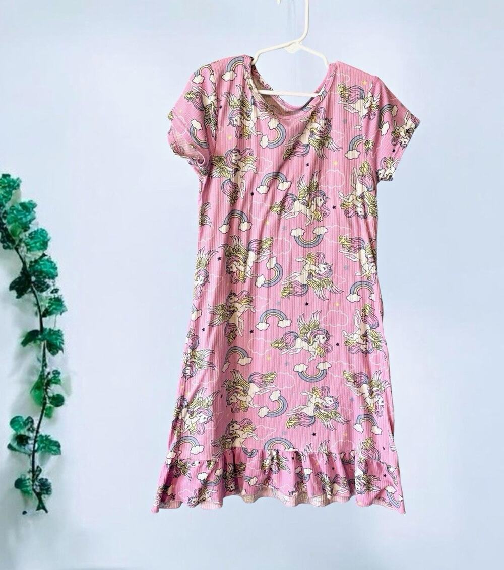 Delia's Girls Pink Ribbed Knit Unicorn Short Sleeve Nightgown Size 8 Pullover